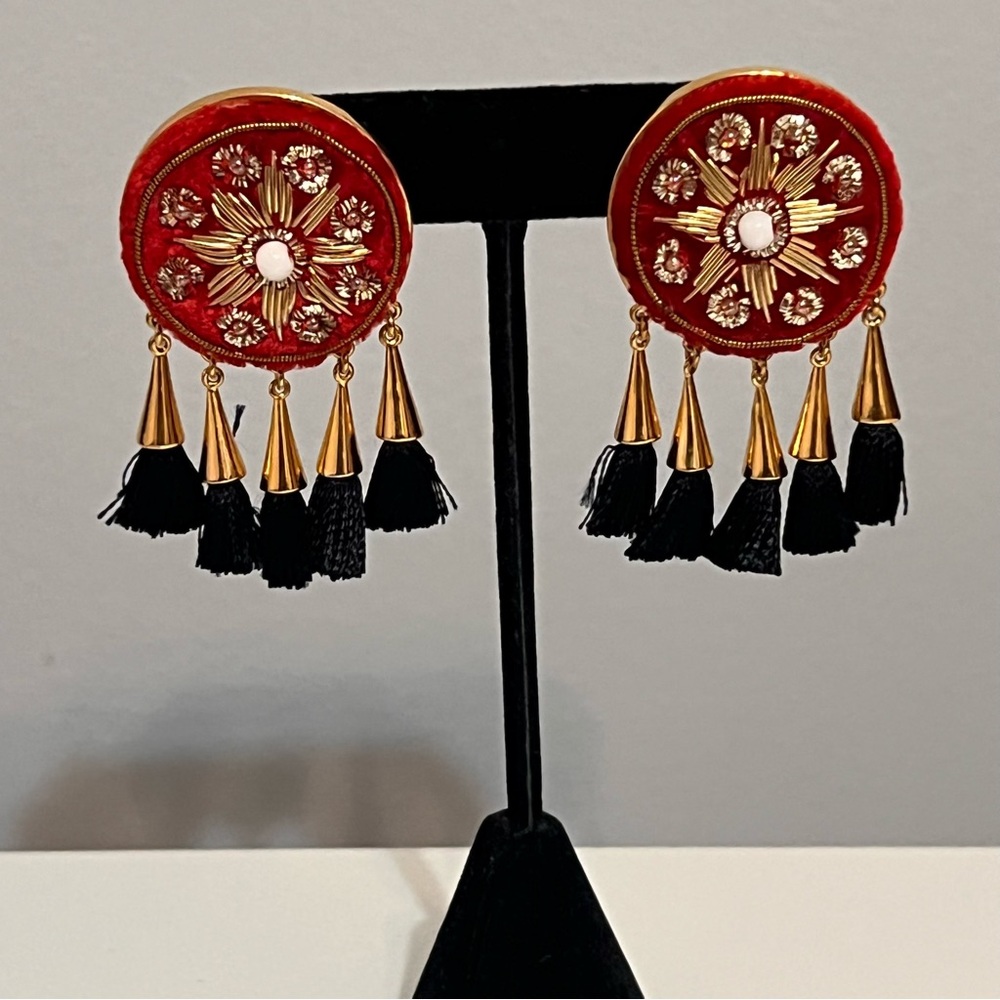Mignonne Gavigan Red Velvet Beaded Tassel Statement Earrings Luxe Ornament